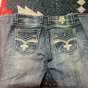 Mens Rock Revival Jeans-38/33, "Mike" Relaxed Straight. Med Wash-Used,